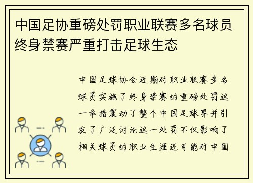 中国足协重磅处罚职业联赛多名球员终身禁赛严重打击足球生态