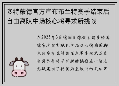多特蒙德官方宣布布兰特赛季结束后自由离队中场核心将寻求新挑战