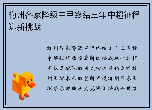 梅州客家降级中甲终结三年中超征程迎新挑战 梅州客家降级中甲终结三年中超征程迎新挑战